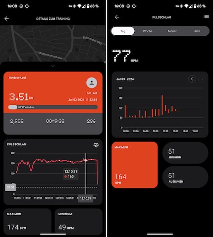 Detail displays for a run or heart rate measurement