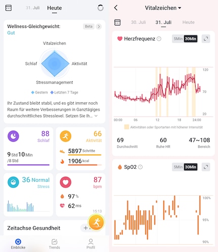 The overview page of the app (left) and one of the submenus with all the tracking details.