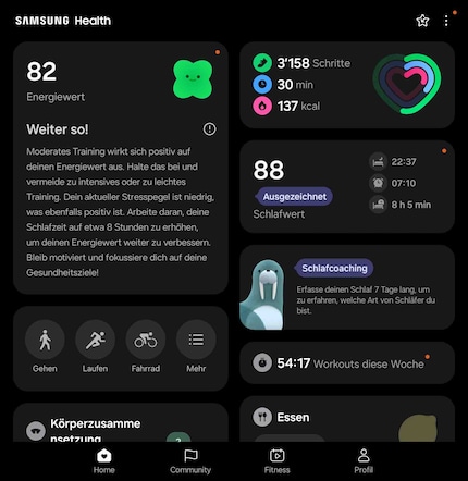 Le tableau de bord de Samsung Health compile toutes mes données de façon limpide et y ajoute quelques explications.