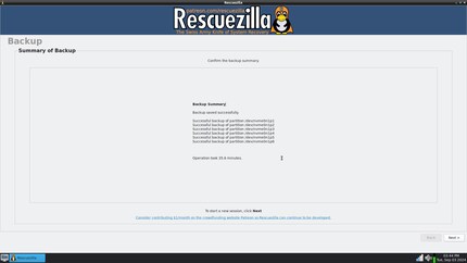 En 36 minutes, Rescuezilla a écrit 210 gigaoctets sur le disque cible, un SSD externe.