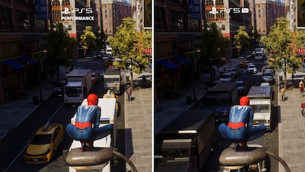 Spider-Man 2 semble beaucoup plus flou à 60 FPS sur la PS5 (à gauche) qu'à 60 FPS sur la PS5 Pro.