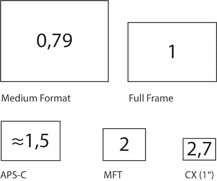 Le dimensioni dei sensori e i loro fattori di ritaglio. Il formato 35 mm, noto anche come full frame, è usato come riferimento e ha un fattore di 1. L'APS-C varia leggermente a seconda del produttore, Canon ha sensori leggermente più piccoli e un fattore di ritaglio di circa 1,6. MFT è l'acronimo di Micro Four Thirds (Micro Quattro Terzi), utilizzato da Panasonic e OM Digital. Il CX viene solitamente chiamato sensore da 1 pollice, ma è molto più piccolo.