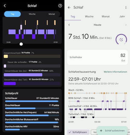 Les données de sommeil de Colmi (à gauche) et de la smartwatch Pixel (à droite).