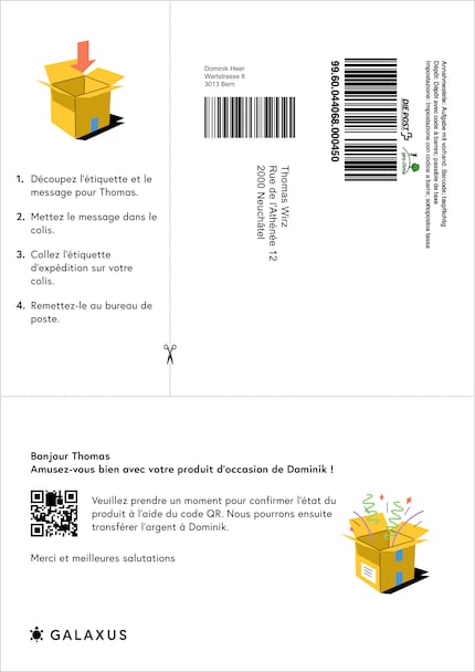 Dominik envoie un produit d’occasion à Thomas en utilisant la nouvelle étiquette (en haut de l’image).
