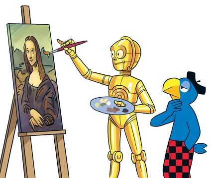 Please what, C-3PO from Star Wars is painting the Mona Lisa?!
