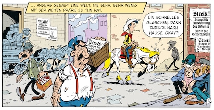 L'aventure conduit Lucky Luke dans la ville industrielle plutôt que dans le vaste monde de la prairie.