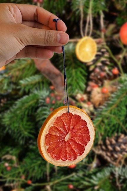  ... e appendo le fettine di pompelmo all'albero di Natale. 