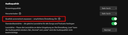 Die Qualitätsstufen bei Spotify lassen sich hier einstellen.