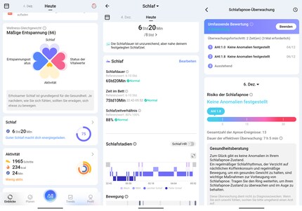 Drei Ansichten aus der App (von links): Startseite mit Wellness-Gleichgewicht, Schlaf und Apnoe-Messung.
