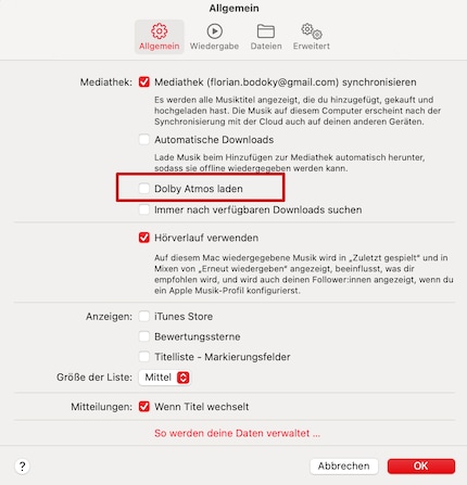 So kannst du alle Lieder als Dolby Atmos laden, sofern sie dies unterstützen.
