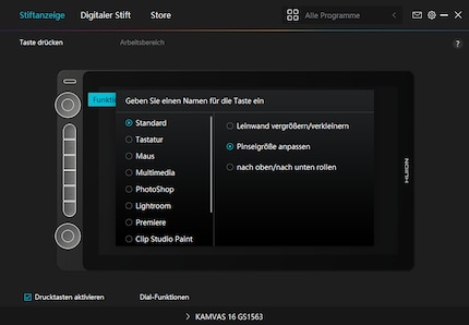 In Huions Software programmiere ich alle Tasten.