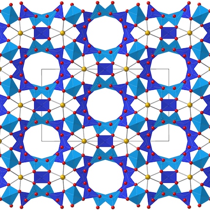Kristallstruktur des Cordierit | Das Mineral mit der Summenformel Mg2Al4Si5O18 besteht aus Tetraedern aus Sauerstoffatomen (rot), die entweder Aluminium- (hellblau) oder Siliziumatome (dunkelblau) im Zentrum haben. Es sind vor allem die Schwingungen in Aluminium-Tetraedern, die die Abstände zwischen Atomen reduzieren. Bei höheren Temperaturen wiederum dehnt sich die hier gezeigte Ebene in beide Richtungen aus und zieht dadurch die darüber- und darunterliegenden Ebenen zu sich heran.