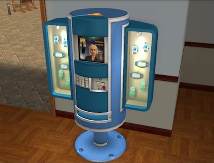 Für ein neues Mobiltelefon schicke ich meinen Sim in die Stadt an einen blauen Handy-Kiosk.
