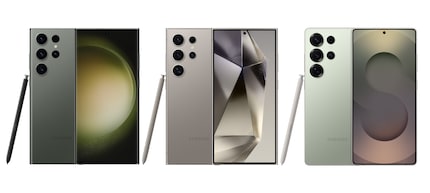 De gauche à droite, le Galaxy S23 Ultra, le Galaxy S24 Ultra et le Galaxy S25 Ultra.
