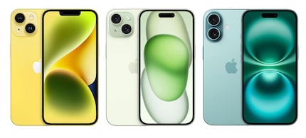 L’iPhone 14, 15 et 16 (de gauche à droite) se distinguent surtout par leurs couleurs.