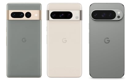 De gauche à droite, les Google Pixel 7, 8 et 9 Pro.
