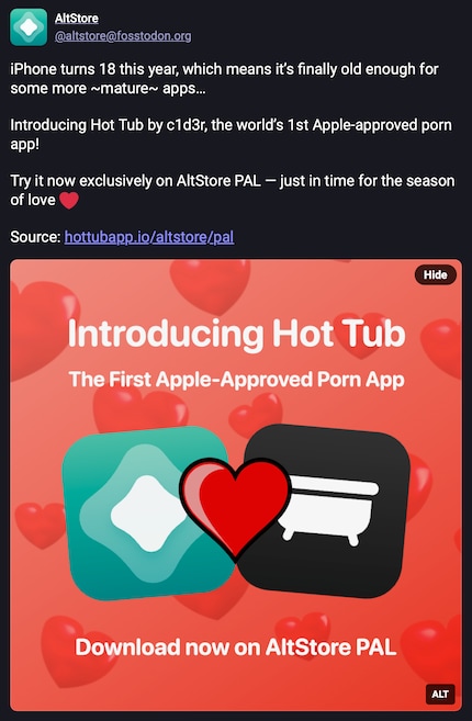 This is how AltStore advertises the new app on the social media platform Mastodon.
