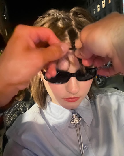 Artist Fuffifufzich wears a bolo tie by Vivienne Westwood.
