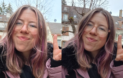 À gauche, un selfie avec le Galaxy S25. Mon teint n'est pas naturel à cause du jaune plus prononcé par rapport au S24 à droite.