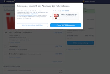 Bei Ticketcorner sieht das genau gleich aus – zudem wird man die Versicherung nur durch «opt-out» los.