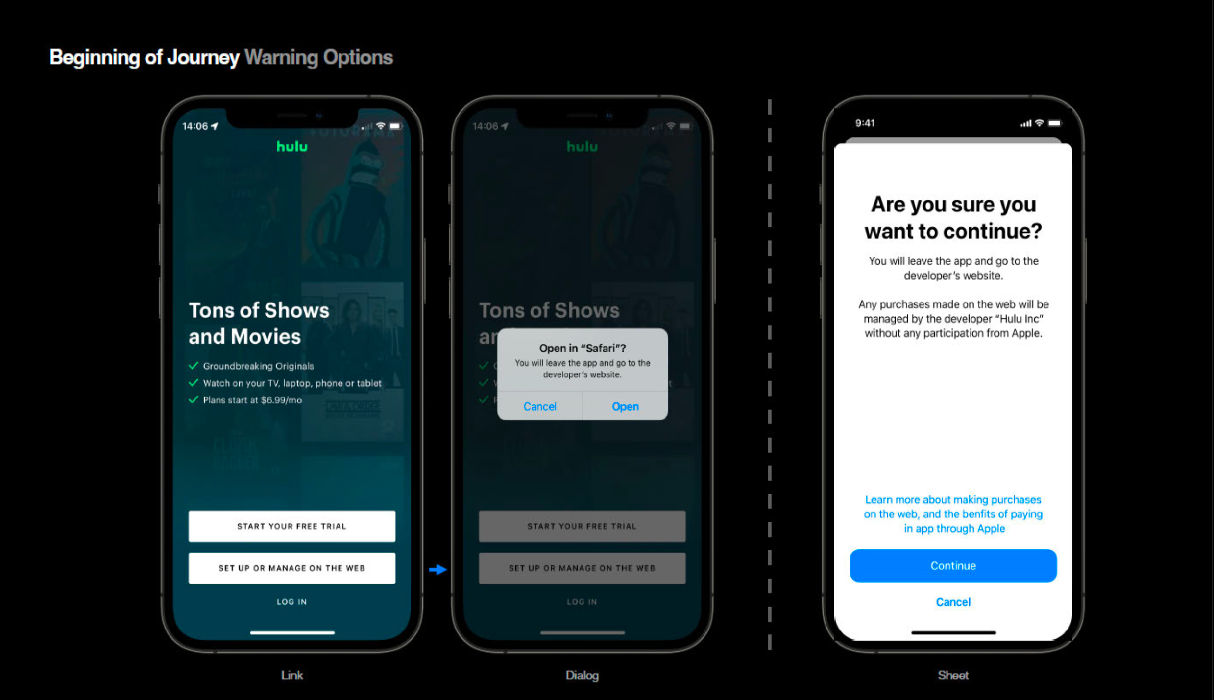 Apple ha testato due tipi di avvisi quando un'app invia gli utenti a pagine esterne, secondo i documenti interni. Alla fine è stata scelta la versione a schermo intero (a destra).