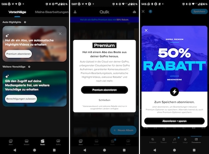 Die Quik-App ist mit Werbebannern für das Premium-Abo vollgemüllt. Hier drei Beispiele.
