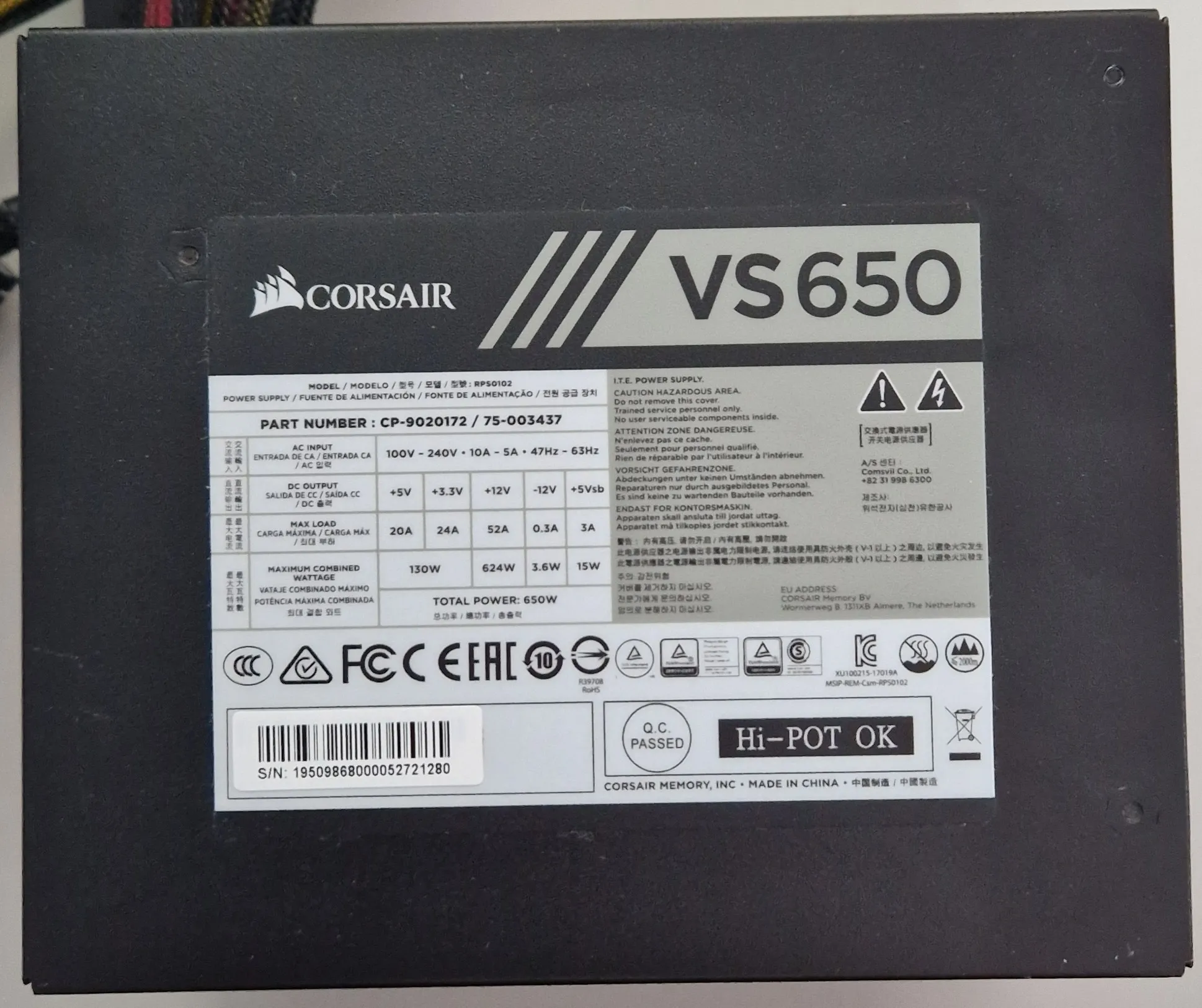 Produktbild Corsair Vs650 2018 (650 W)