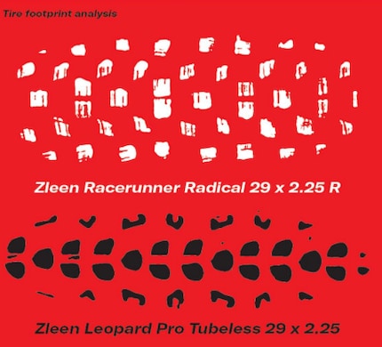 Die Aufstandsfläche oder Footprint des neuen Racerunner Radical im Vergleich zu einem bisherigen MTB-Reifen.