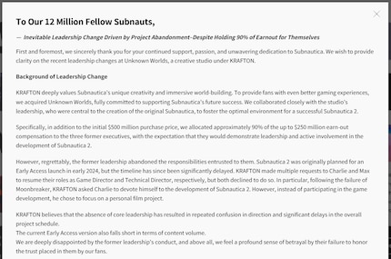 Lo screenshot mostra la dichiarazione se non riesci a vederla da solo. Appare solo come pop-up sulla pagina iniziale di Krafton.