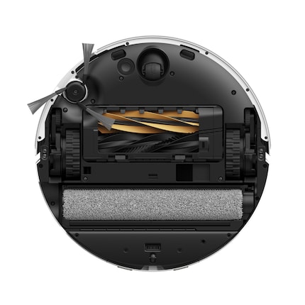 The underside of the robot hoover with double brush and roller.