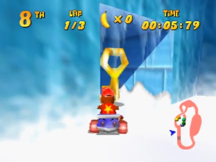 In «Diddy Kong Racing» muss ich manchmal die Rennstrecke verlassen, um an mein Ziel zu kommen.