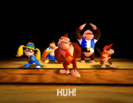 Die fünf Heldinnen und Helden von «Donkey Kong 64» im legendären DK-Rap. Von links nach rechts: Tiny, Lanky, Donkey, Chunky und Diddy.