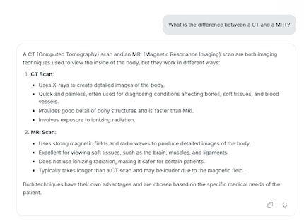 Lumo explains the difference between CT and MRI - including recognising the German abbreviation - briefly and clearly.