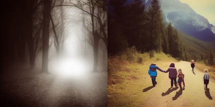 Fantasie generate dall'immagine | Le due immagini rappresentano visualizzazioni generate dall'IA delle immagini interiori di un partecipante sulla base delle sue descrizioni. A sinistra, aveva immaginato un'escursione in montagna senza musica, mentre a destra stava ascoltando «Addio mia bella, addio!» di Carlo Alberto Bosi.