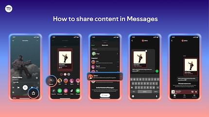 Come funziona la condivisione nei Messaggi di Spotify: usa l'icona di condivisione per selezionare un contatto, scrivere un messaggio e inviare il brano direttamente nella chat.