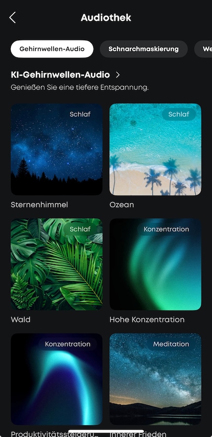 Die App ist übersichtlich und bietet viele Klanglandschaften. Nicht alle lullen mich in den Schlaf.