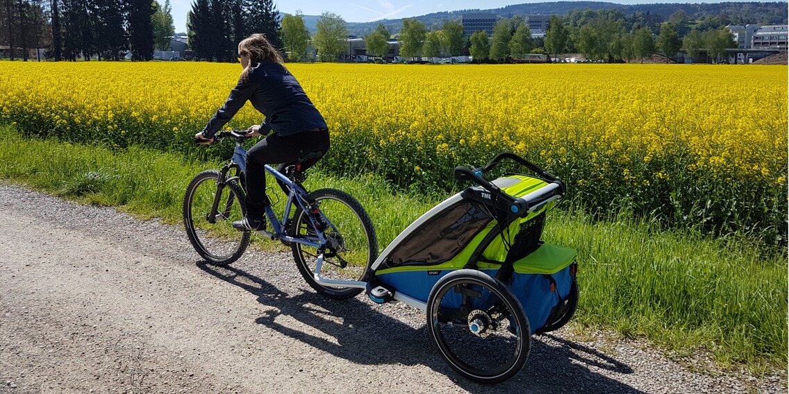 Bei direkter Sonneneinstrahlung kannst du den mitgelieferten Sonnenschutz am Anhänger befestigen.