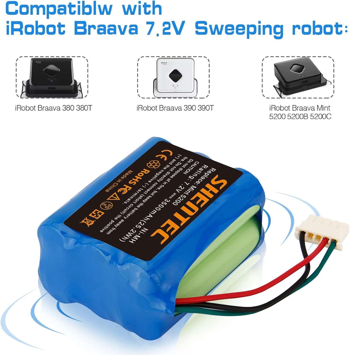 Batteria Ricambio Per IRobot Braava E Mint - 7.2V 3500mAh Ni-MH, Compatibile Con Modelli 380/390/5200 - Foto 4