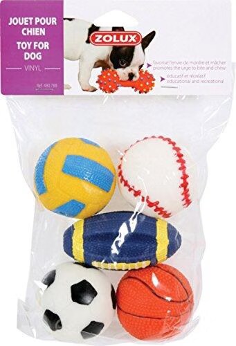 Set de 5 balles sport vinyl 6 cm pour chien 