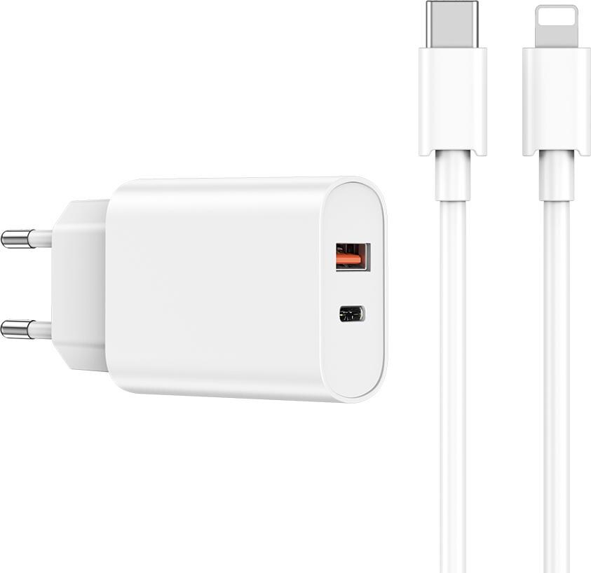 Wiwu Wandladegerät Wi-U002 PD + QC 20W 1x USB 1x USB-C weiss + Kabel USB-C - Lightning (20 W), USB Ladegerät, Weiss