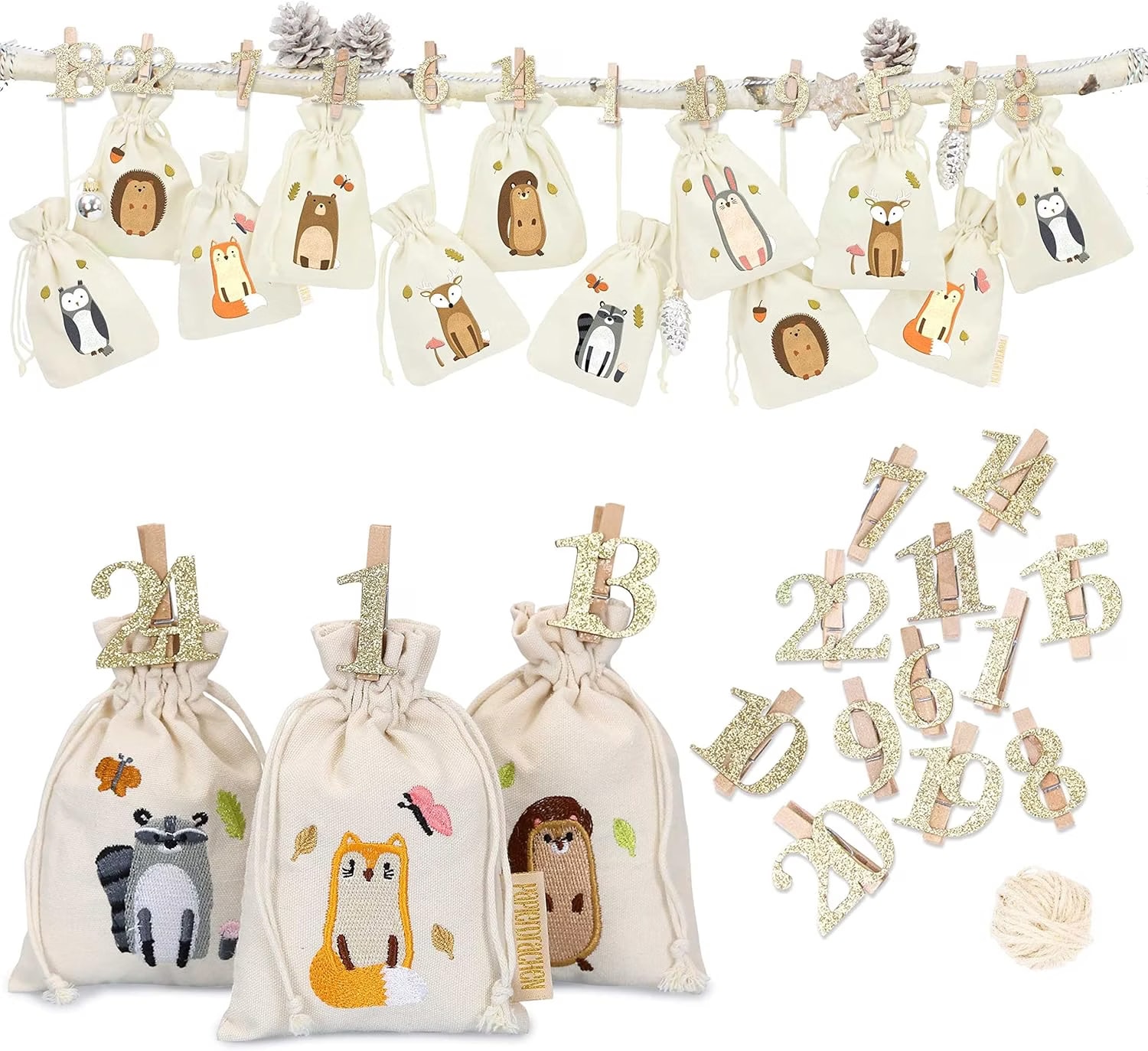 Calendrier De L'Avent Avec Sacs En Papier, 24 Autocollants De Noël Et 24 Pinces En Bois - Calendrier De L'Avent à Remplir Soi-même (noir