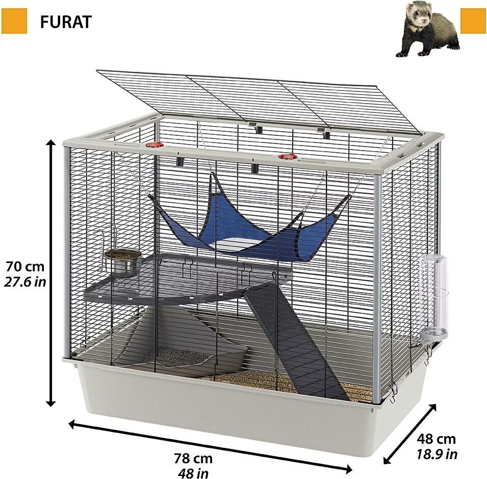 Ferplast Cage confortable pour fûrets et rats FURAT, strucutre à plusieurs niveaux avec accessoires inclus, angles renforcés, vernis métal et plastique noir, 78 x 48 x h 70